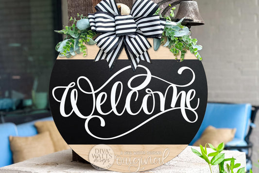 Welcome Round Door Hanger SVG File, Welcome Door Sign Laser Cut Design, Farmhouse Porch Decor, Layered DIY Wood Round Sign SVG Everyday Sign