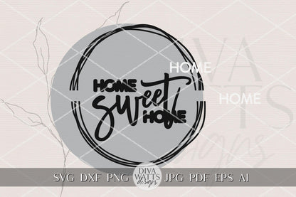 Home Sweet Home Round Door Hanger SVG File for Laser Cut Wood Signs, Farmhouse Porch Decor, DIY Front Door Welcome Sign Digital