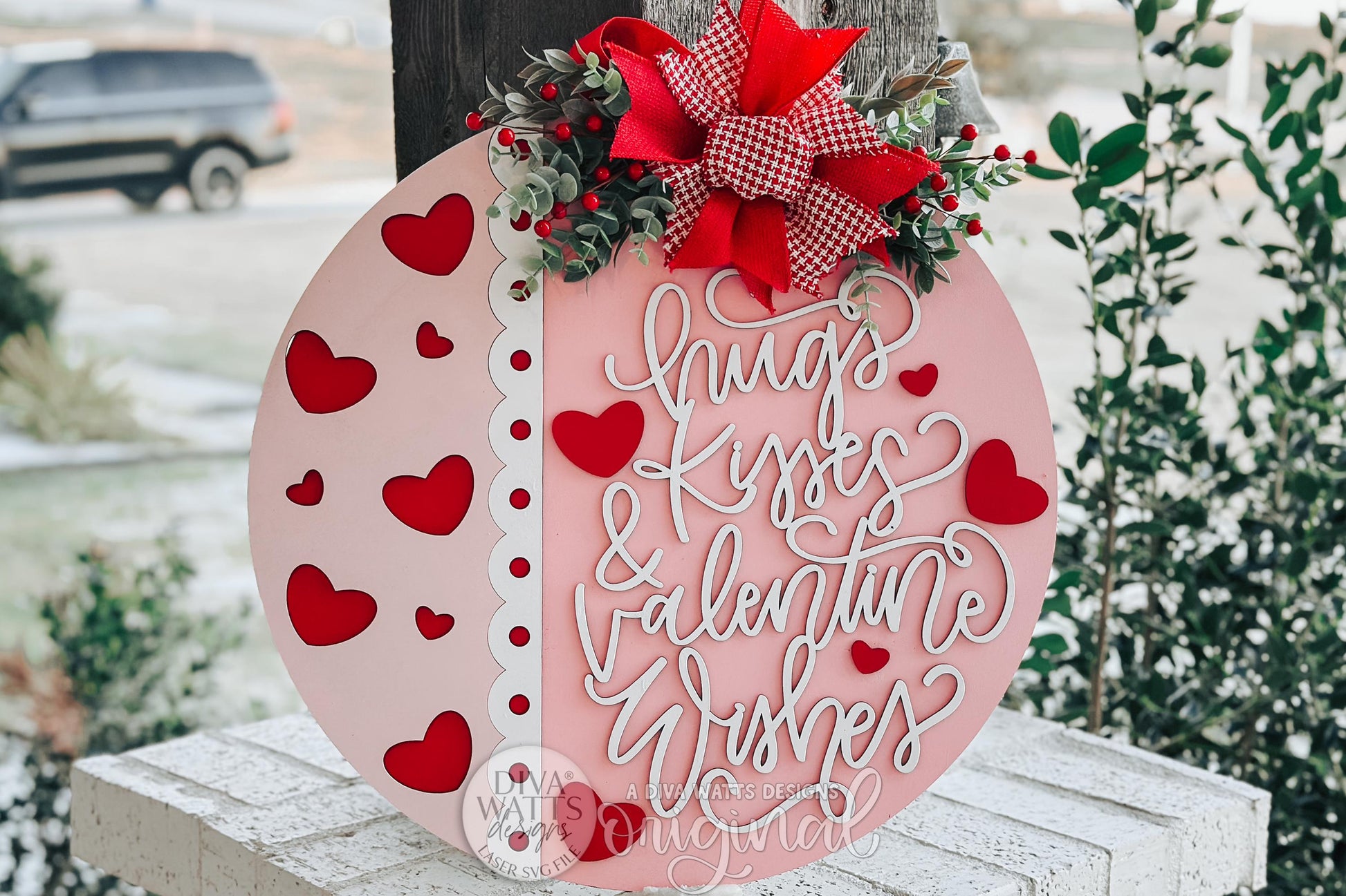 Hugs Kisses Valentine Wishes SVG Round Door Hanger Laser Cut File for Valentine Porch Decor DIY Sign Instant Download