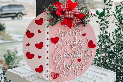 Hugs Kisses Valentine Wishes SVG Round Door Hanger Laser Cut File for Valentine Porch Decor DIY Sign Instant Download