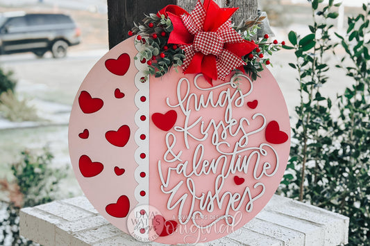 Hugs Kisses Valentine Wishes SVG Round Door Hanger Laser Cut File for Valentine Porch Decor DIY Sign Instant Download