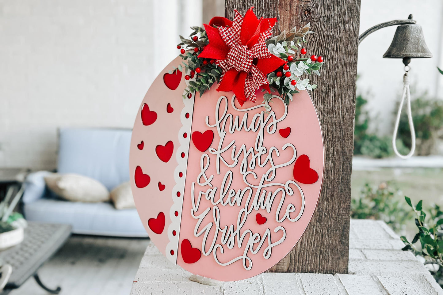 Hugs Kisses Valentine Wishes SVG Round Door Hanger Laser Cut File for Valentine Porch Decor DIY Sign Instant Download