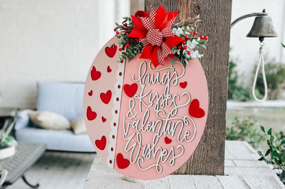Hugs Kisses Valentine Wishes SVG Round Door Hanger Laser Cut File for Valentine Porch Decor DIY Sign Instant Download