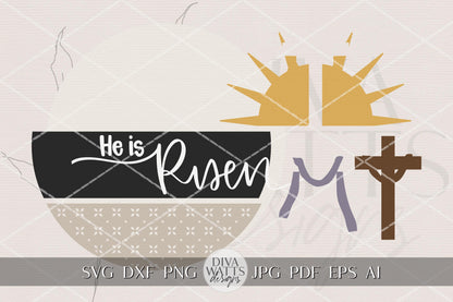 He Is Risen SVG Round Door Hanger Easter Christian Laser Cut File Sunrise Cross Porch Sign Digital Download for DIY Church Decor