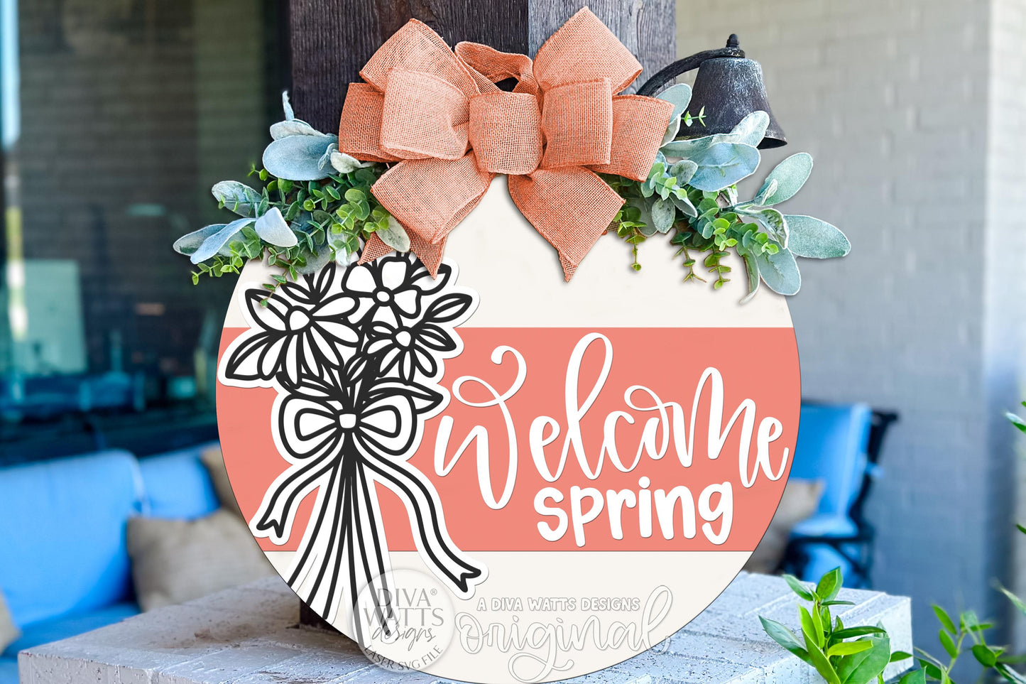 Welcome Spring SVG Round Door Hanger Laser Cut File Floral Bow Porch Decor Spring Welcome Sign Digital Download for DIY