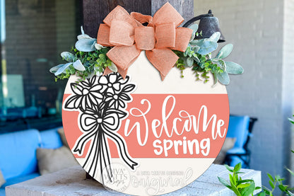 Welcome Spring SVG Round Door Hanger Laser Cut File Floral Bow Porch Decor Spring Welcome Sign Digital Download for DIY