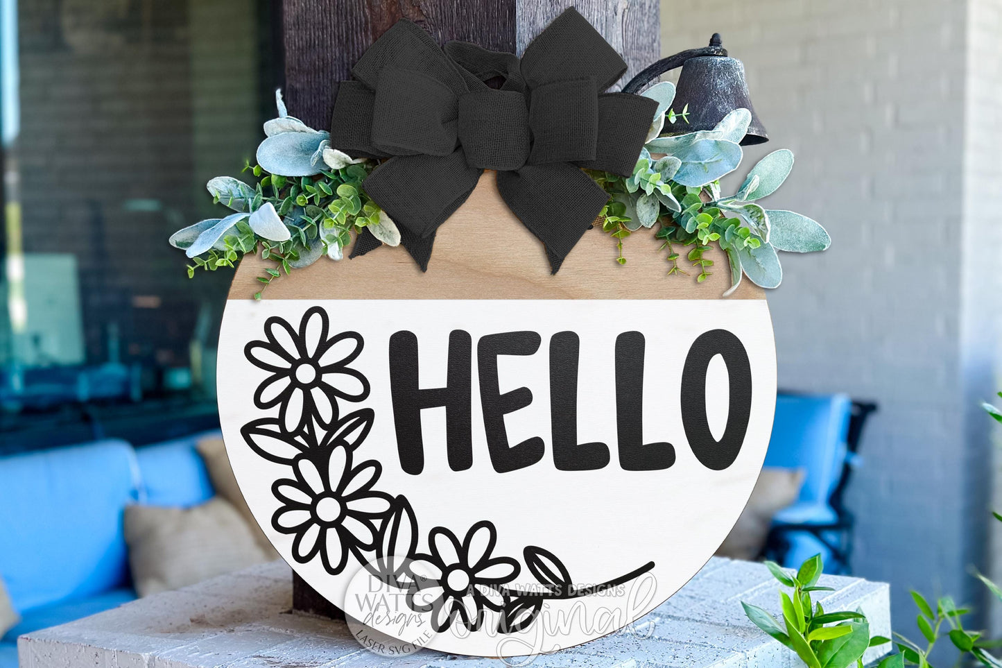 Digital SVG file of a Hello round door hanger design featuring bold lettering with a simple floral accent. This instant download laser cut design is professionally layered and ready for Glowforge, xTool, OMTech, and other laser machines. Ideal for creating a DIY round door hanger, everyday porch décor, farmhouse entryway sign, or modern welcome sign. This is a digital file only, allowing makers to cut, paint, and assemble their own custom Hello door sign.