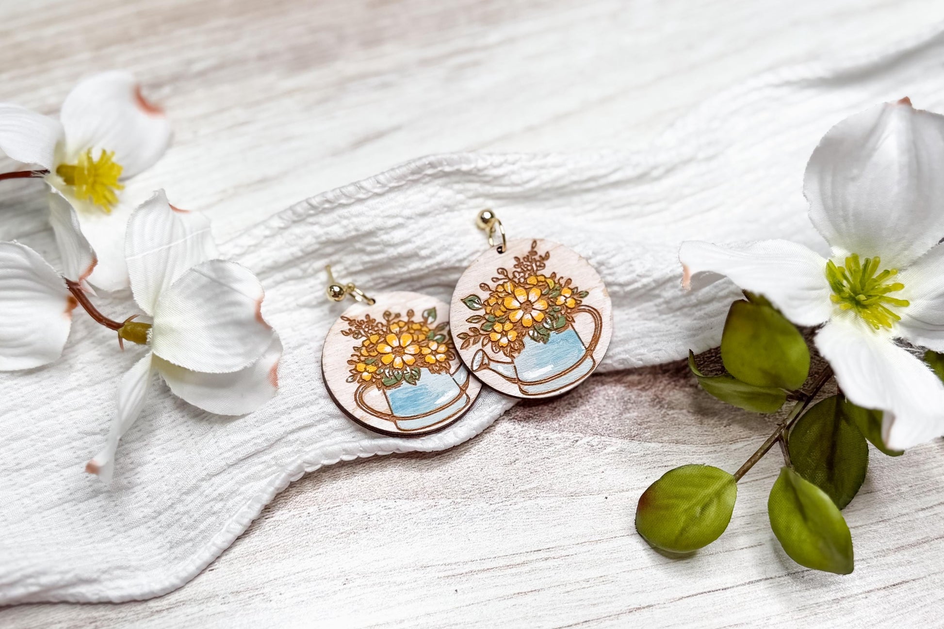 Daisy Watering Can Laser Earrings SVG Cut File Floral Garden Jewelry Wood Earrings Digital Download for Laser Cutting Only