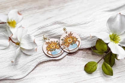 Daisy Watering Can Laser Earrings SVG Cut File Floral Garden Jewelry Wood Earrings Digital Download for Laser Cutting Only