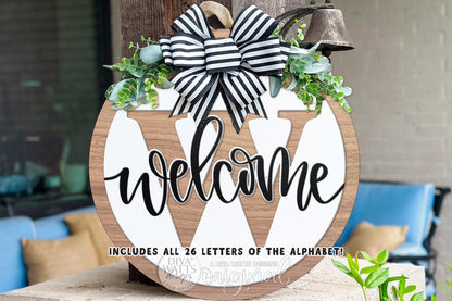 Welcome Split Monogram Alphabet SVG for Laser Cut Round Door Hanger, Initial Welcome Sign, Layered Porch Decor DIY Laser Files