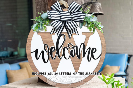 Welcome Split Monogram Alphabet SVG for Laser Cut Round Door Hanger, Initial Welcome Sign, Layered Porch Decor DIY Laser Files