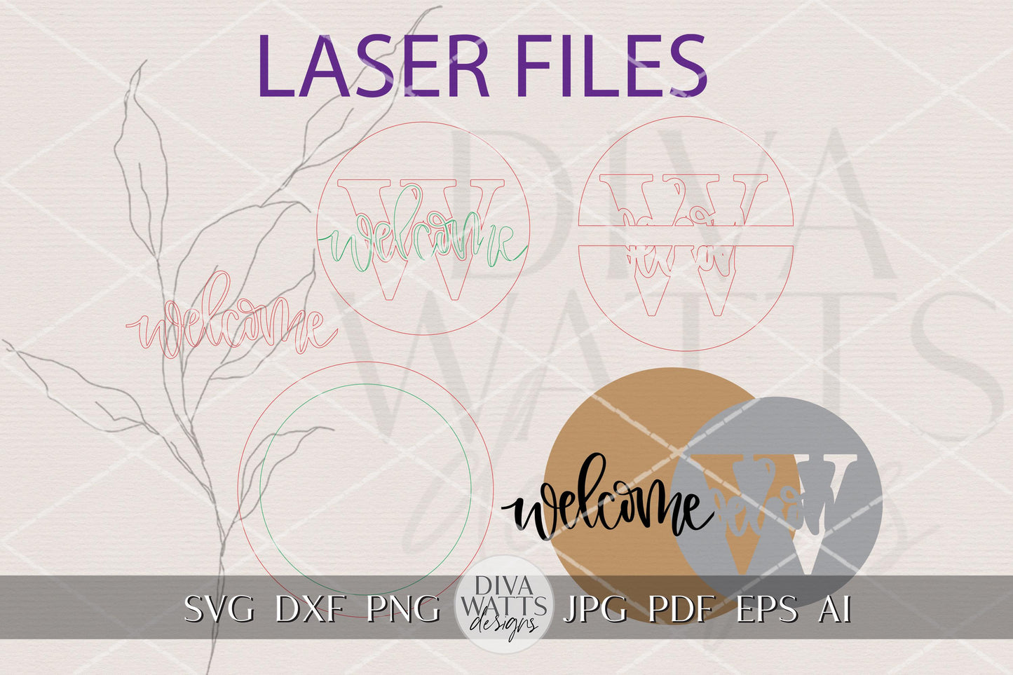 Welcome Split Monogram Alphabet SVG for Laser Cut Round Door Hanger, Initial Welcome Sign, Layered Porch Decor DIY Laser Files