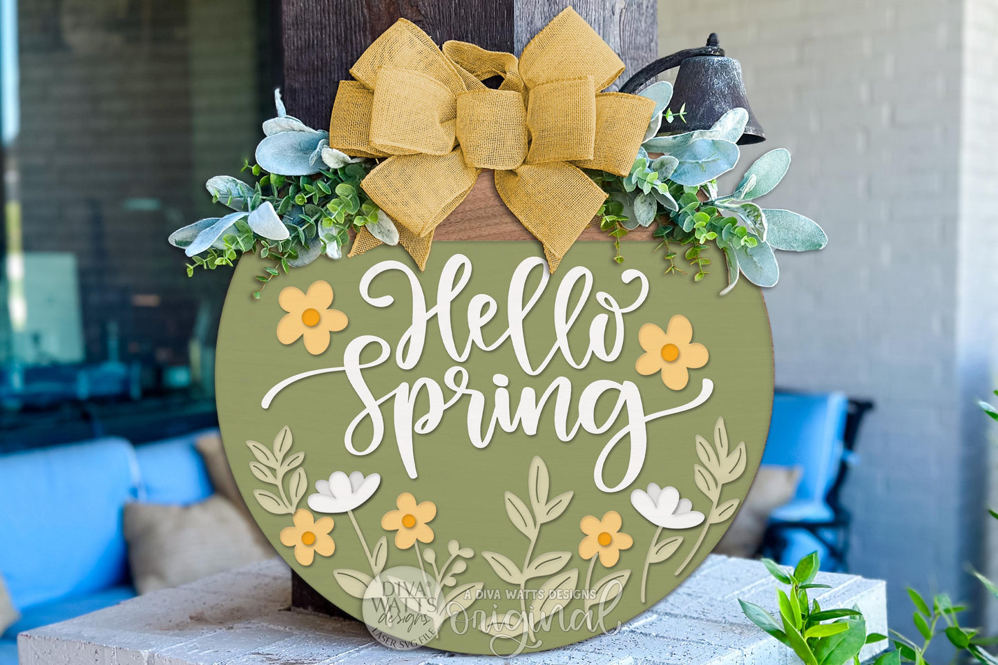 Hello Spring Round Door Hanger SVG for Laser Cutting, Spring Floral Welcome Sign Digital File, Layered Round Porch Decor DIY Laser Cut Files