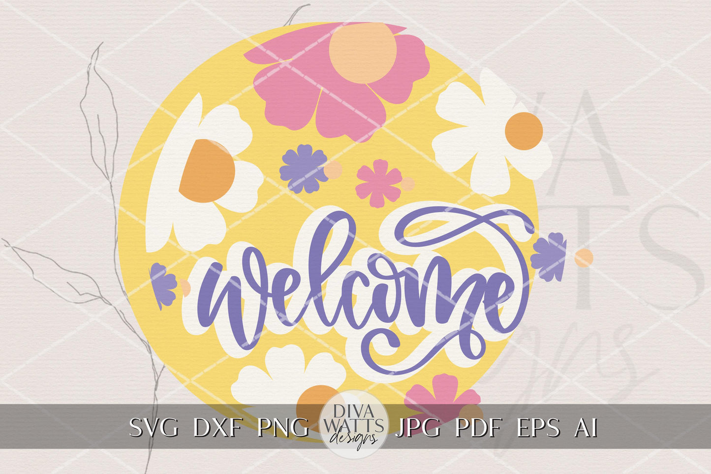 Welcome Round Door Hanger SVG Floral Spring Porch Sign Laser Cut File Digital Download for DIY Wood Door Decor Craft