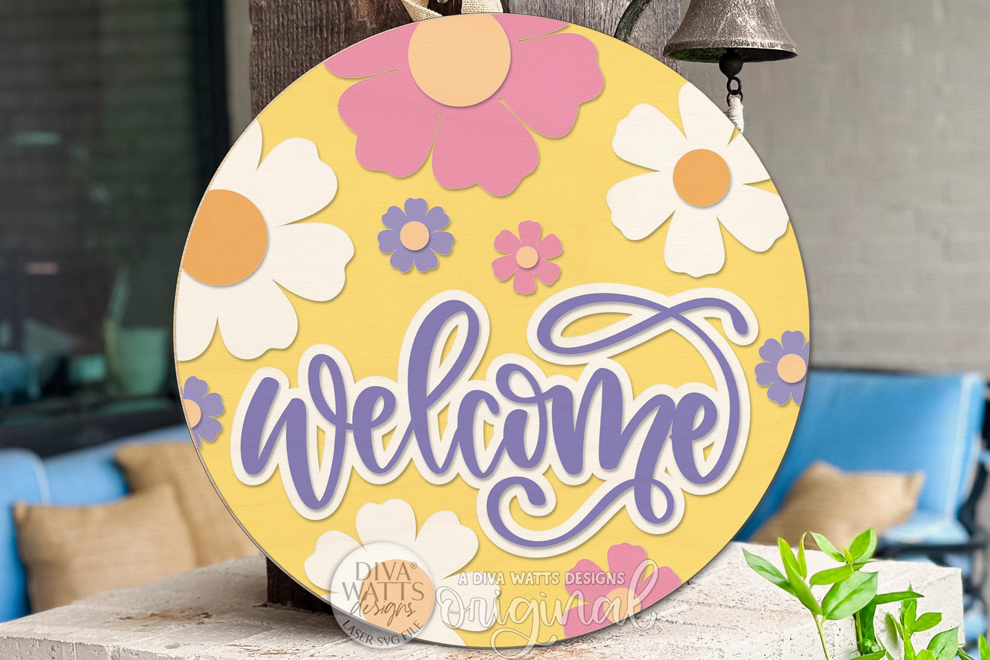 Welcome Round Door Hanger SVG Floral Spring Porch Sign Laser Cut File Digital Download for DIY Wood Door Decor Craft