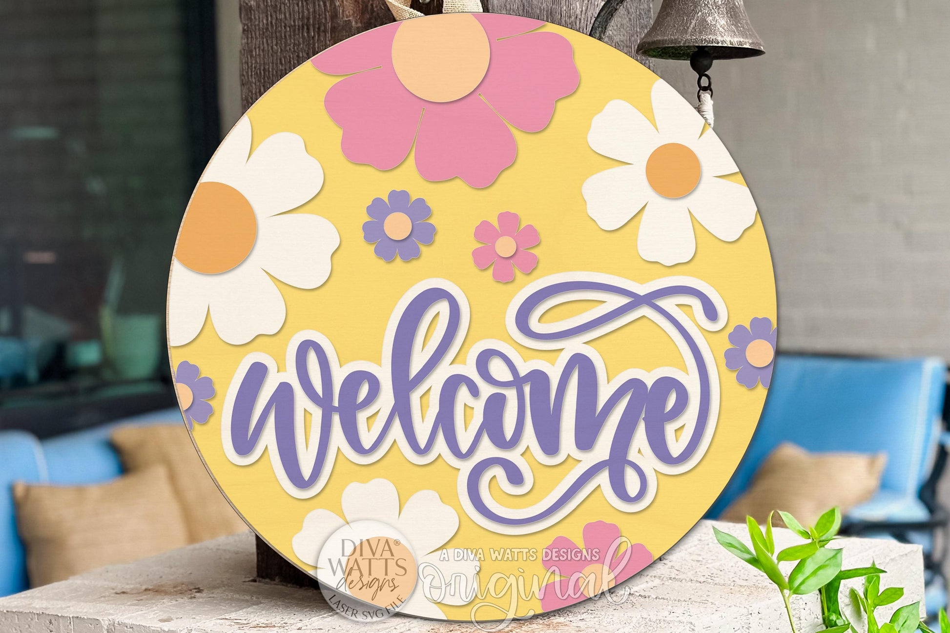 Welcome Round Door Hanger SVG Floral Spring Porch Sign Laser Cut File Digital Download for DIY Wood Door Decor Craft
