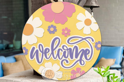 Welcome Round Door Hanger SVG Floral Spring Porch Sign Laser Cut File Digital Download for DIY Wood Door Decor Craft