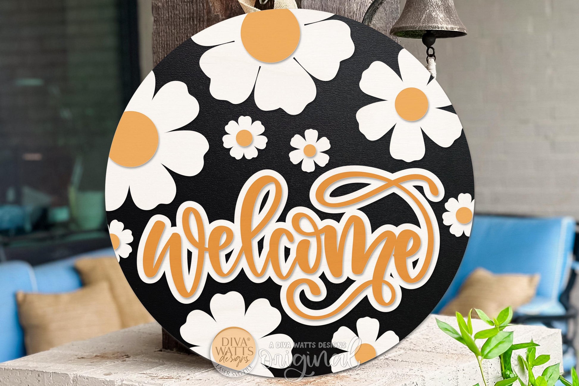 Welcome Round Door Hanger SVG Floral Spring Porch Sign Laser Cut File Digital Download for DIY Wood Door Decor Craft