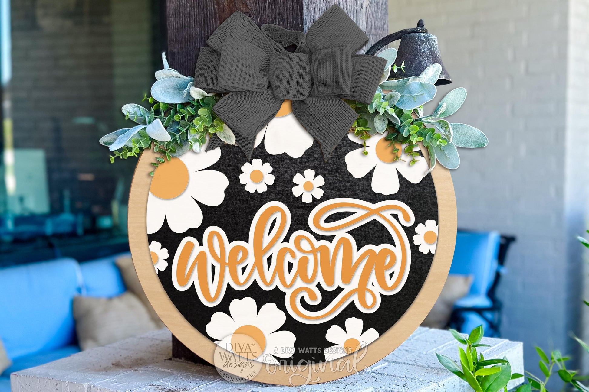 Welcome Round Door Hanger SVG Floral Spring Porch Sign Laser Cut File Digital Download for DIY Wood Door Decor Craft