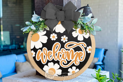Welcome Round Door Hanger SVG Floral Spring Porch Sign Laser Cut File Digital Download for DIY Wood Door Decor Craft