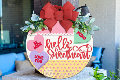 Hello Sweetheart Valentine Round Door Hanger SVG File for Laser Cut Signs, Valentine Porch Decor DIY Sign SVG, Layered Heart Door Hanger