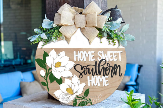 Home Sweet Southern Home Round Door Hanger SVG | Magnolia Porch Sign Laser Cut File | Southern Welcome DIY Wood Sign SVG