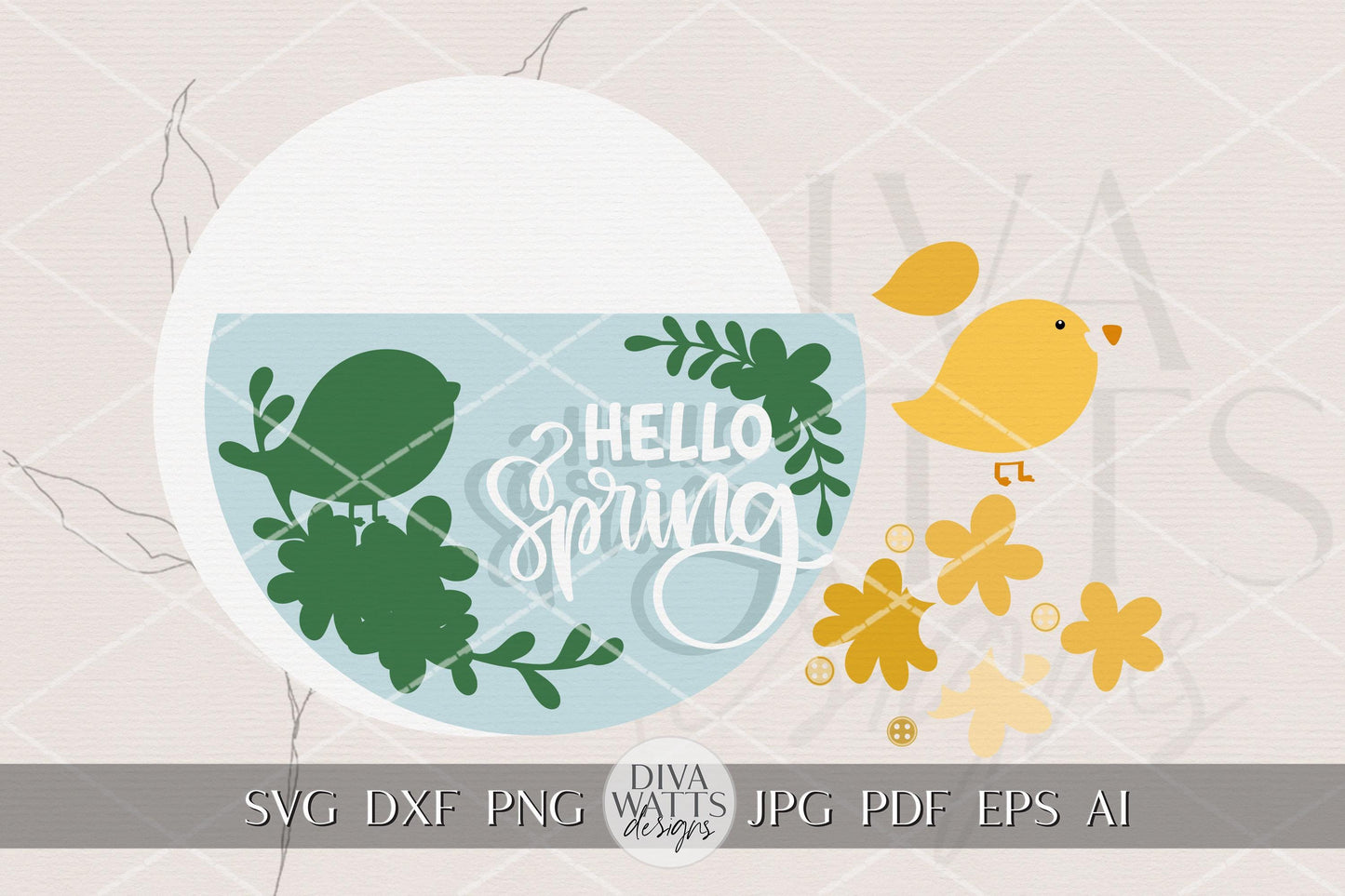 Hello Spring Round Door Hanger SVG File, Spring Door Sign Laser Cut Design, Chick Floral Porch Decor, DIY Wood Sign SVG