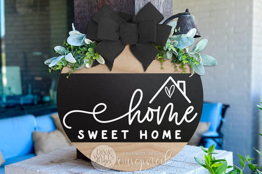 Digital SVG file for a Home Sweet Home round door hanger laser cut design. Instant download includes layered SVG and multiple file formats for creating a DIY round door sign. This laser cut design allows you to make your own farmhouse-style porch décor, front door hanger, or entryway sign using wood and paint of your choice. Perfect for Glowforge and other laser machines.