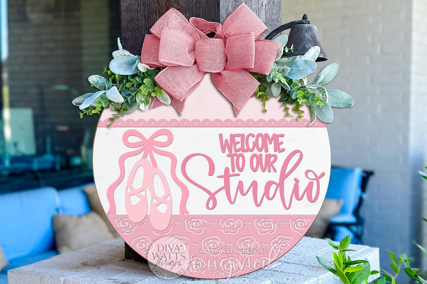 Welcome to Our Studio Round Door Hanger SVG Ballet Shoes Laser Cut File Pink Front Door Sign Digital Download for Dance Studio Decor