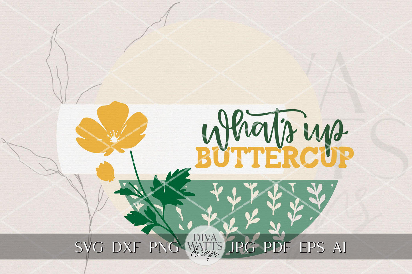 What’s Up Buttercup Round Door Hanger SVG, Spring Flower Door Sign Laser Cut File, Buttercup Floral Porch Decor, Layered DIY Wood Sign