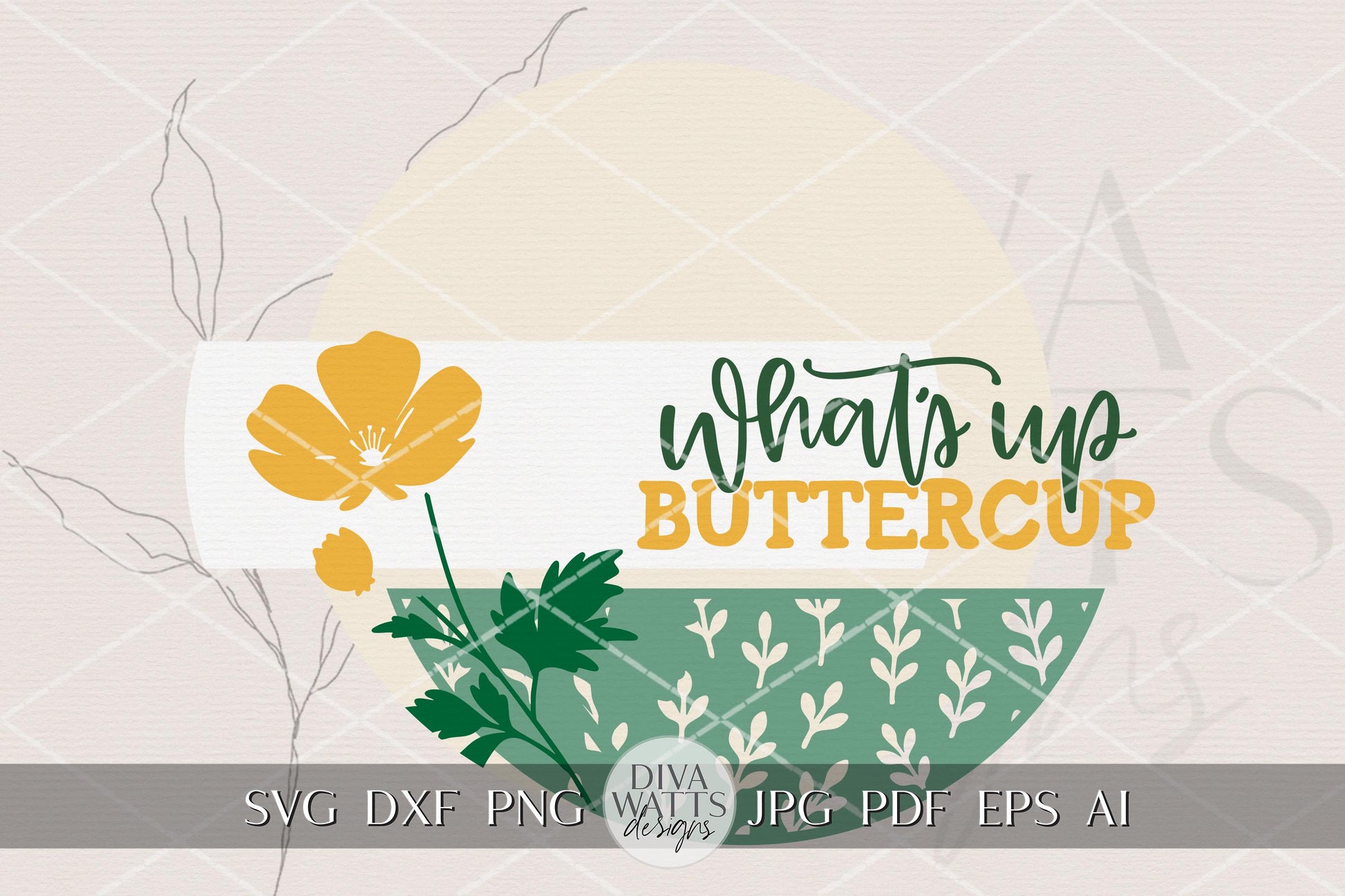 What’s Up Buttercup Round Door Hanger SVG, Spring Flower Door Sign Laser Cut File, Buttercup Floral Porch Decor, Layered DIY Wood Sign