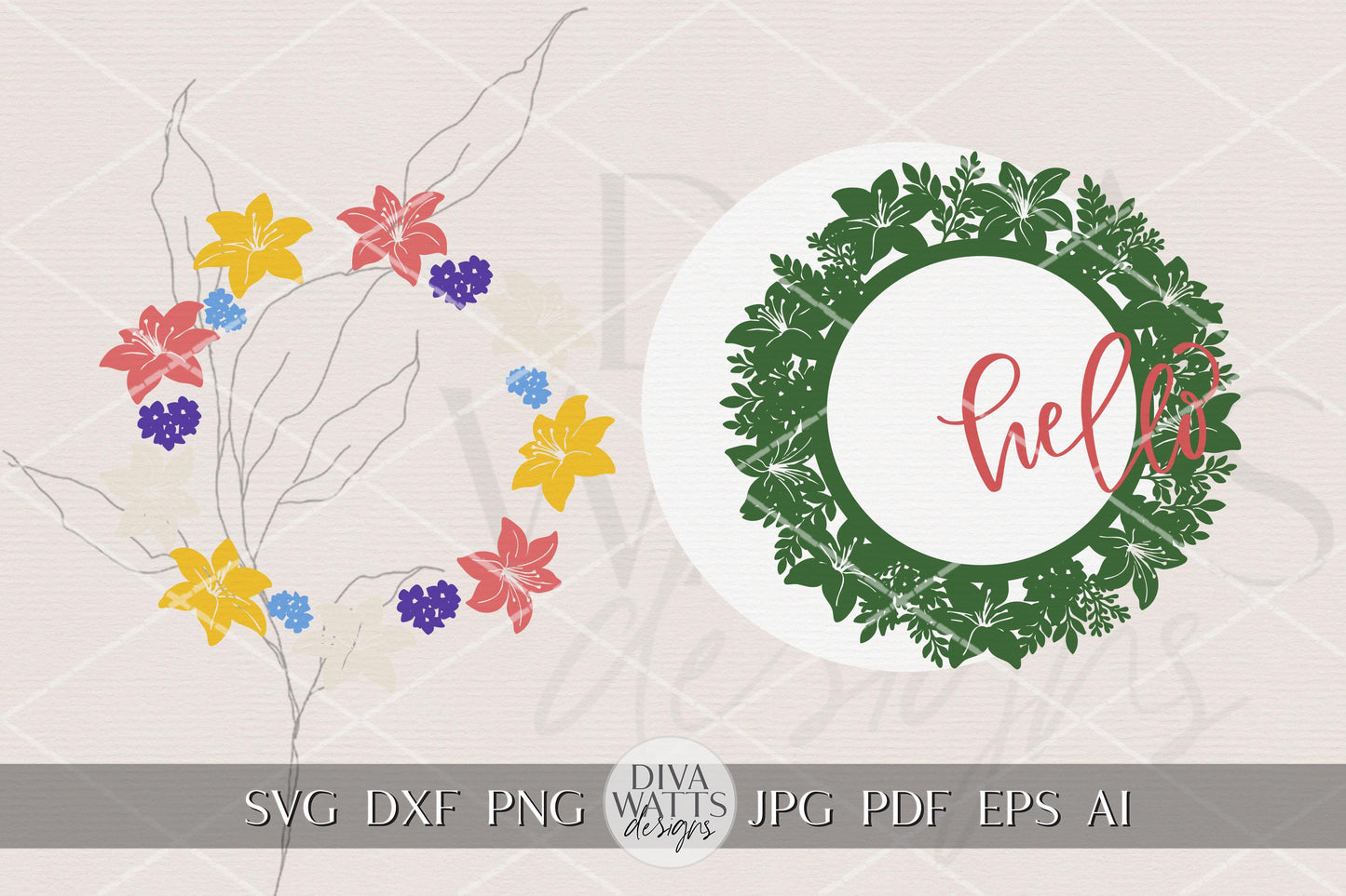 Hello Lily Floral Round Door Hanger SVG File for Laser Cutting, Spring Lily Welcome Sign Design, DIY Porch Decor, Layered Laser Cut Sign
