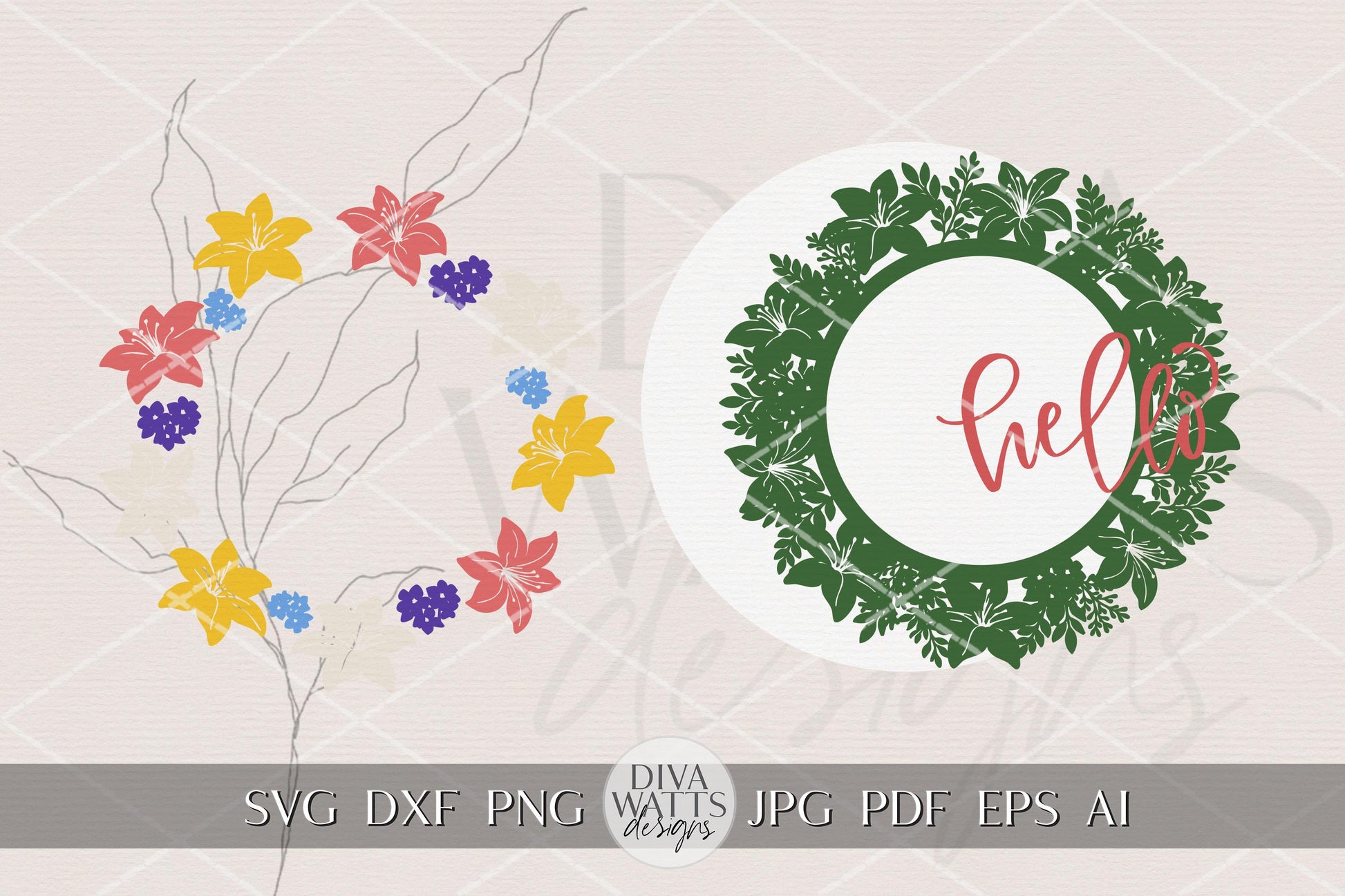 Hello Lily Floral Round Door Hanger SVG File for Laser Cutting, Spring Lily Welcome Sign Design, DIY Porch Decor, Layered Laser Cut Sign