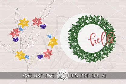 Hello Lily Floral Round Door Hanger SVG File for Laser Cutting, Spring Lily Welcome Sign Design, DIY Porch Decor, Layered Laser Cut Sign