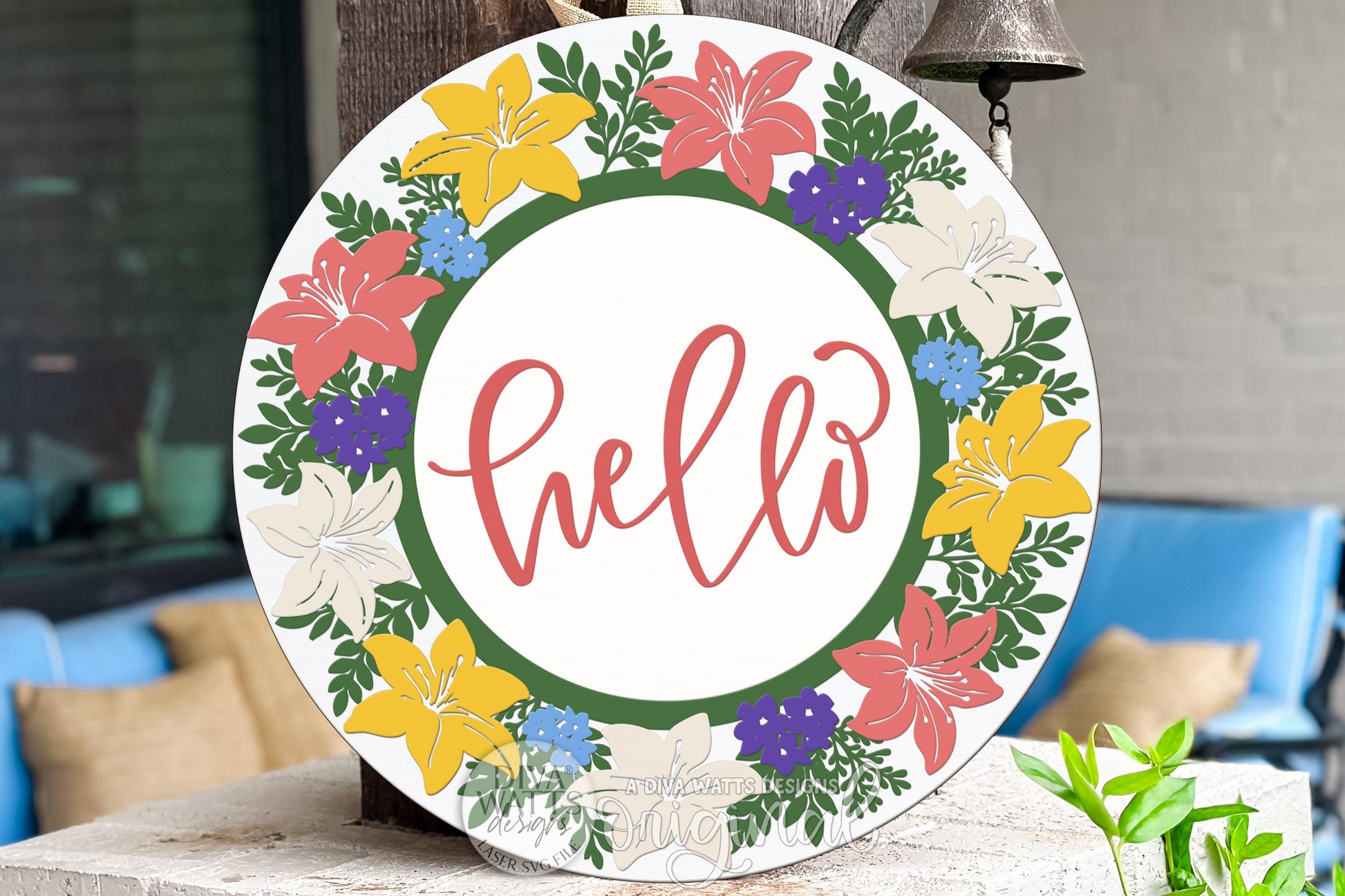 Digital SVG file featuring a hello round door hanger design with layered lily flowers and greenery. This instant download laser cut design allows makers to create a DIY round welcome sign or porch décor using their own laser machine. The lily floral SVG is professionally layered for clean cuts and easy painting. Digital file only, no physical product included. Ideal for spring signs, seasonal décor, and custom laser cut projects.