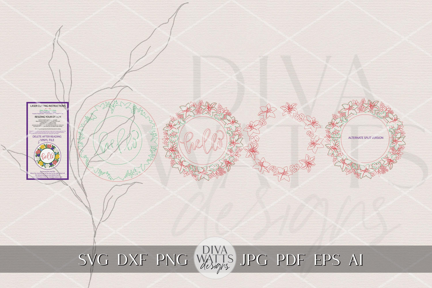 Hello Lily Floral Round Door Hanger SVG File for Laser Cutting, Spring Lily Welcome Sign Design, DIY Porch Decor, Layered Laser Cut Sign
