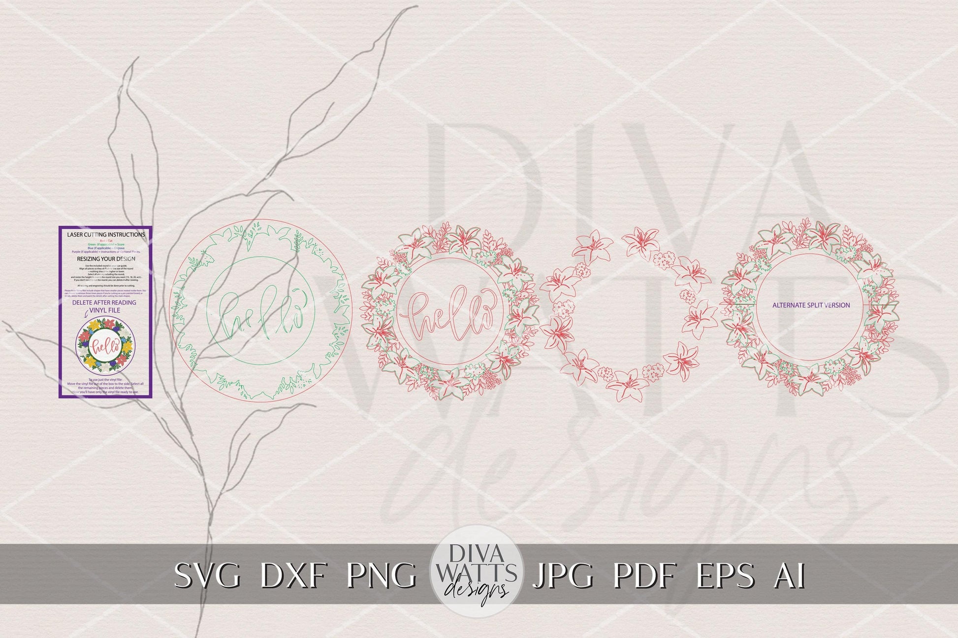 Hello Lily Floral Round Door Hanger SVG File for Laser Cutting, Spring Lily Welcome Sign Design, DIY Porch Decor, Layered Laser Cut Sign
