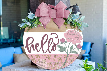 Digital SVG file for a Hello floral round door hanger laser cut design with layered flower artwork and script lettering. This instant download includes a laser-ready SVG and multiple file formats. Create your own DIY round door hanger, porch décor, or everyday welcome sign using this digital file. No physical sign included—this digital laser cut design allows full customization of colors, size, and finish for a personalized home décor project.