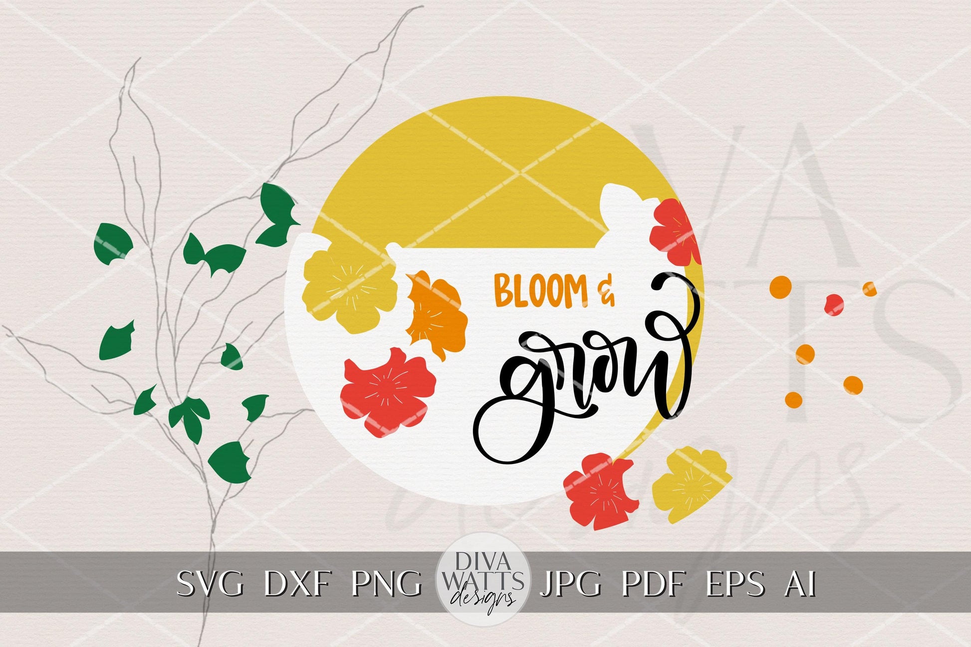 Bloom & Grow Round Door Hanger SVG File, Spring Floral Door Sign Laser Cut Design, Bloom and Grow Porch Decor, Layered DIY Wood Sign SVG