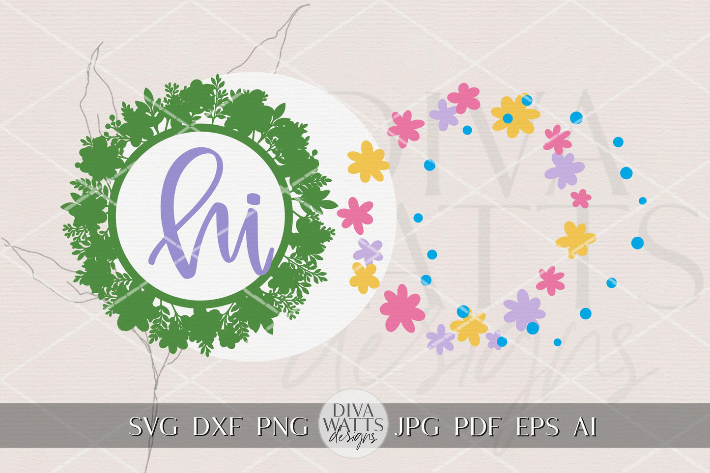 Spring Floral Round Door Hanger SVG for Laser Cutting, Hi Door Sign Design, Split Greenery Wreath Option, Porch Decor Laser Cut File