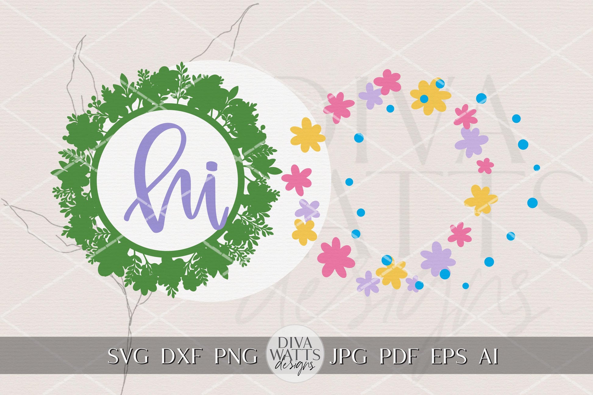 Spring Floral Round Door Hanger SVG for Laser Cutting, Hi Door Sign Design, Split Greenery Wreath Option, Porch Decor Laser Cut File