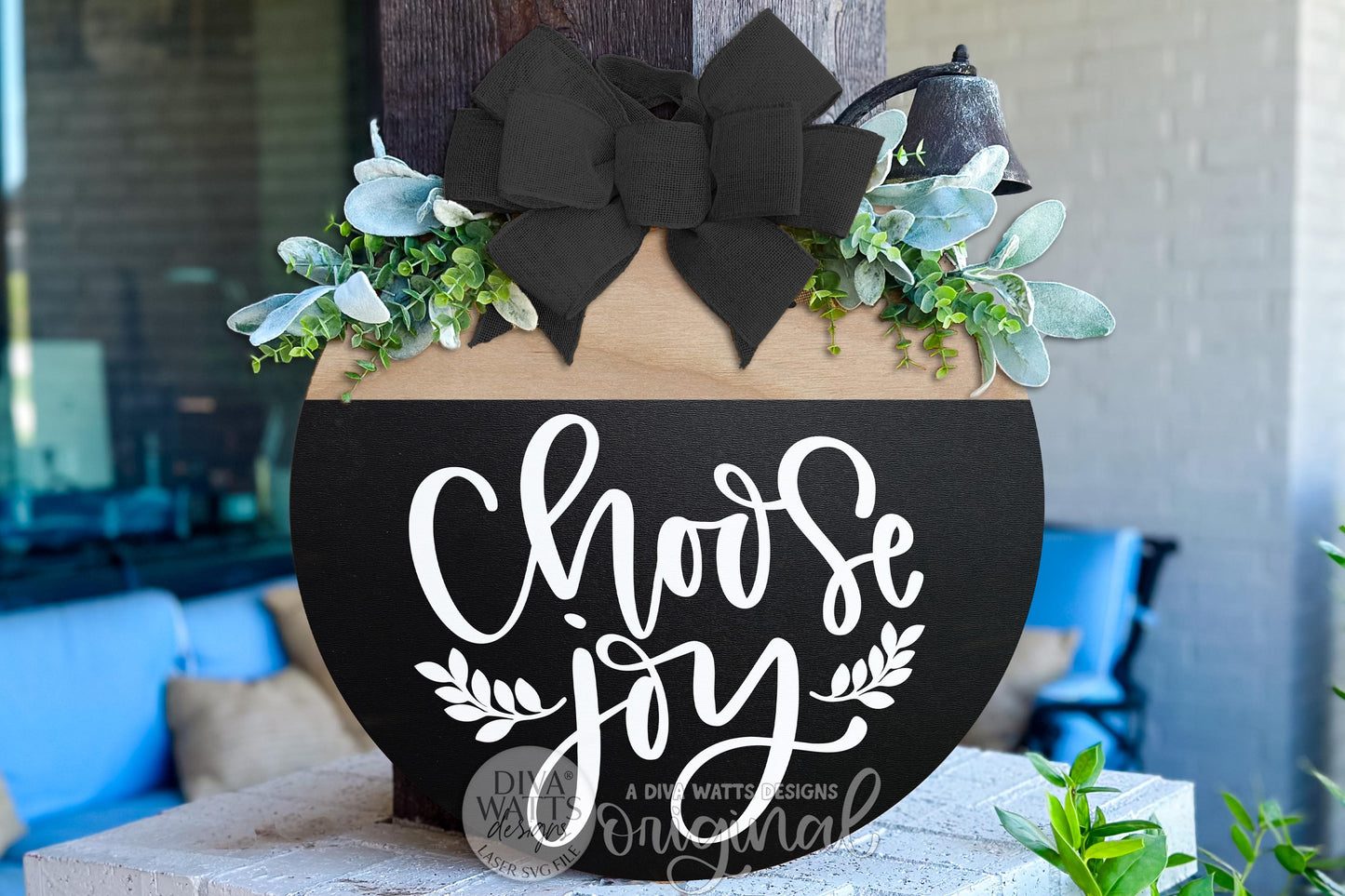 Digital SVG file for a Choose Joy round door hanger laser cut design with clean script lettering and minimalist botanical accents. This instant download includes a laser-ready SVG and multiple file formats for laser machines. Create your own DIY round door hanger, inspirational porch décor, or everyday entryway sign using this digital file. No physical sign included—this digital laser cut design allows full customization of colors, size, and finish for a positive, welcoming home décor project.