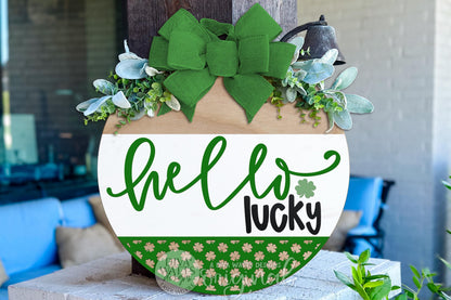 Digital SVG file for a Hello Lucky round door hanger laser cut design inspired by St. Patrick’s Day. This instant download includes a laser-ready SVG and multiple file formats for laser machines. Create your own DIY St. Patrick’s Day door hanger, shamrock porch décor, or festive seasonal sign using this digital file. No physical sign included—this digital laser cut design allows full customization of colors, size, and finish for a fun and lucky holiday décor project.