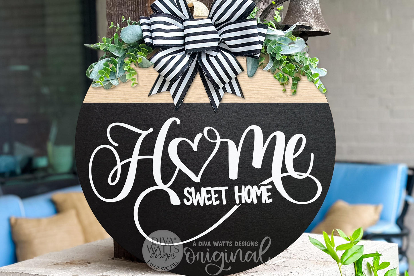 Digital SVG file for a Home Sweet Home round door hanger laser cut design with elegant script lettering and classic farmhouse style. This instant download includes a laser-ready SVG and multiple file formats for laser machines. Create your own DIY round door hanger, porch décor, or welcoming entryway sign using this digital file. No physical sign included—this digital laser cut design allows full customization of colors, size, and finish for timeless home décor.