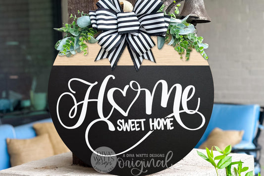 Digital SVG file for a Home Sweet Home round door hanger laser cut design with elegant script lettering and classic farmhouse style. This instant download includes a laser-ready SVG and multiple file formats for laser machines. Create your own DIY round door hanger, porch décor, or welcoming entryway sign using this digital file. No physical sign included—this digital laser cut design allows full customization of colors, size, and finish for timeless home décor.