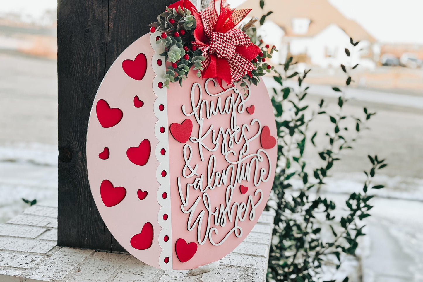 Hugs Kisses Valentine Wishes SVG Round Door Hanger Laser Cut File for Valentine Porch Decor DIY Sign Instant Download