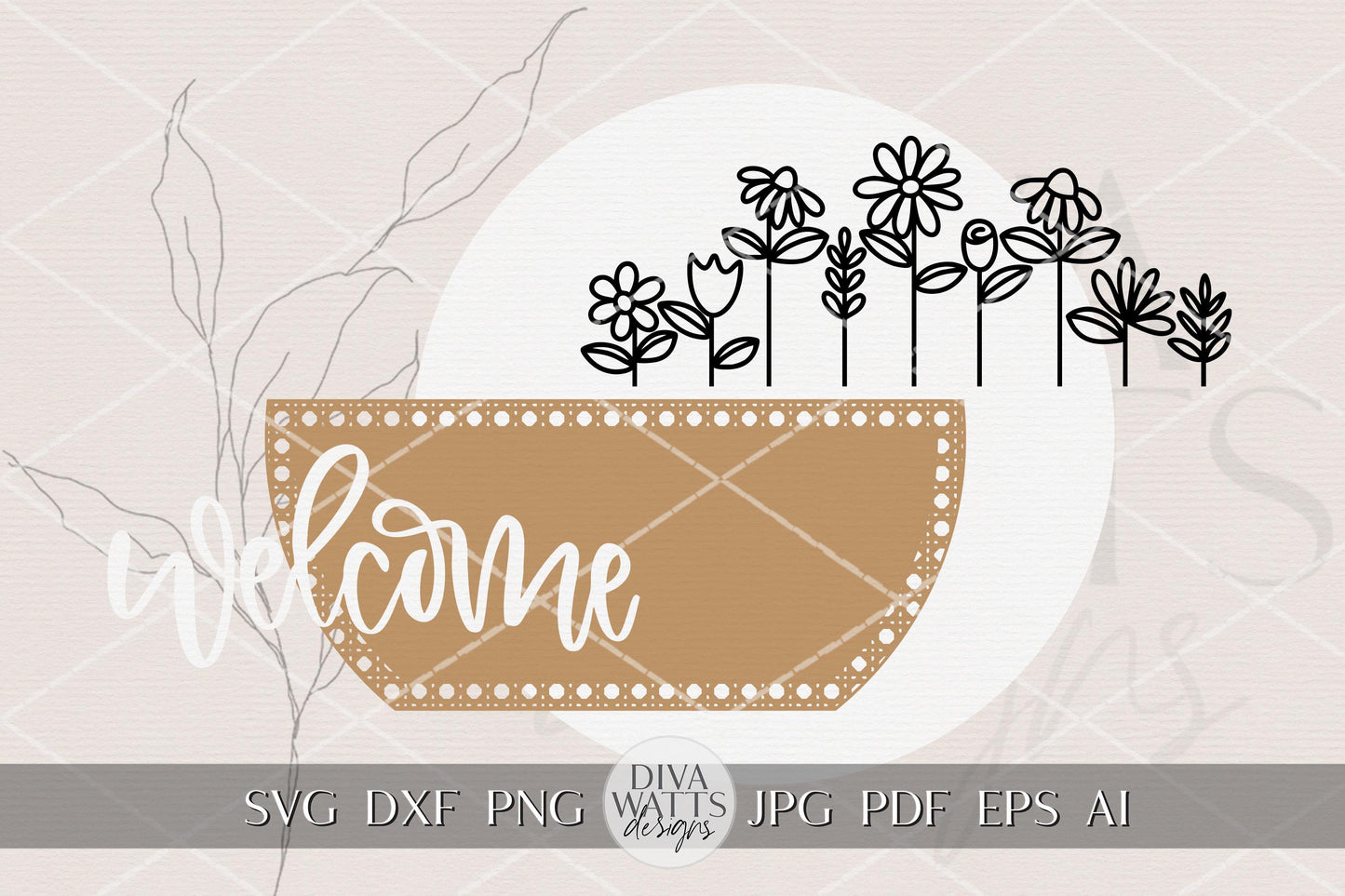 Floral Welcome Round Door Hanger SVG for Laser Cutters, Folk Flower Porch Sign Design, Modern Farmhouse Entry Decor, Layered DIY Laser File