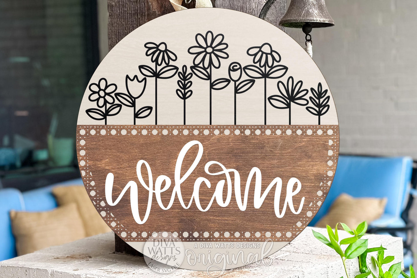 Floral Welcome Round Door Hanger SVG for Laser Cutters, Folk Flower Porch Sign Design, Modern Farmhouse Entry Decor, Layered DIY Laser File
