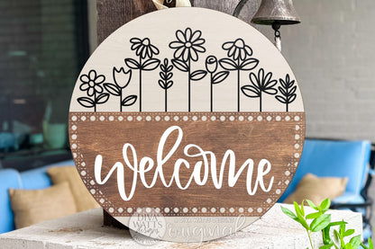 Floral Welcome Round Door Hanger SVG for Laser Cutters, Folk Flower Porch Sign Design, Modern Farmhouse Entry Decor, Layered DIY Laser File