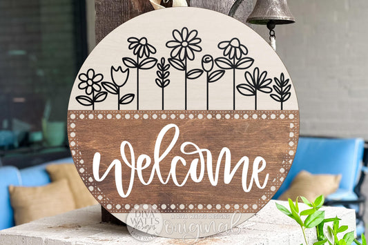 Floral Welcome Round Door Hanger SVG for Laser Cutters, Folk Flower Porch Sign Design, Modern Farmhouse Entry Decor, Layered DIY Laser File
